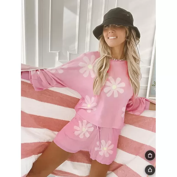 Ekouaer Knit Pajamas Set for Women Lounge Wear Sets Long Sleeve Sweatsuit Matching 2 Piece Outfits Casual Sweater Sets SXXLA Floral Pink