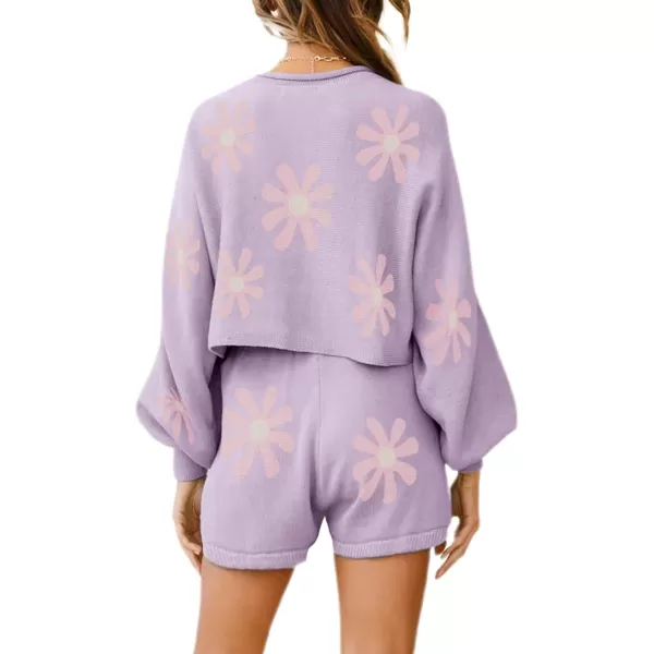 Ekouaer Knit Pajamas Set for Women Lounge Wear Sets Long Sleeve Sweatsuit Matching 2 Piece Outfits Casual Sweater Sets SXXLA Floral Purple