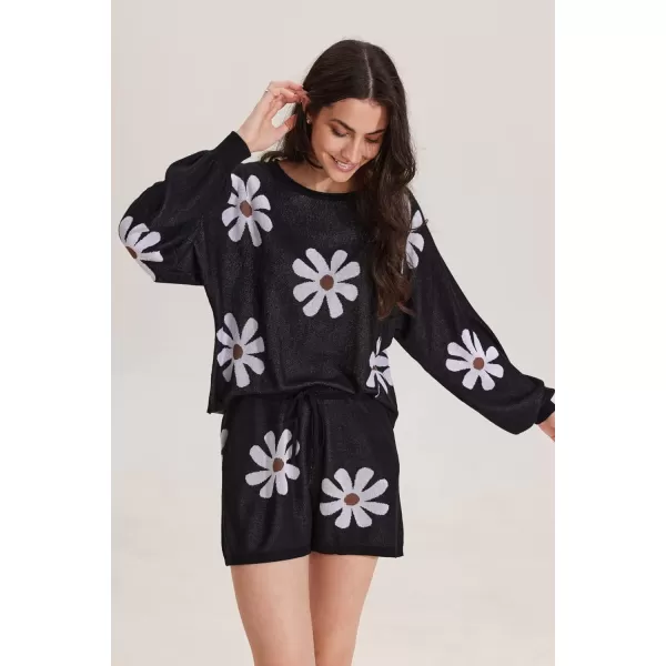 Ekouaer Knit Pajamas Set for Women Lounge Wear Sets Long Sleeve Sweatsuit Matching 2 Piece Outfits Casual Sweater Sets SXXLB Floral Black