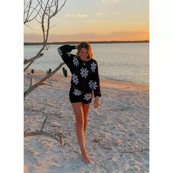 Ekouaer Knit Pajamas Set for Women Lounge Wear Sets Long Sleeve Sweatsuit Matching 2 Piece Outfits Casual Sweater Sets SXXLB Floral Black