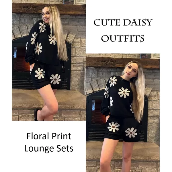 Ekouaer Knit Pajamas Set for Women Lounge Wear Sets Long Sleeve Sweatsuit Matching 2 Piece Outfits Casual Sweater Sets SXXLB Floral Black