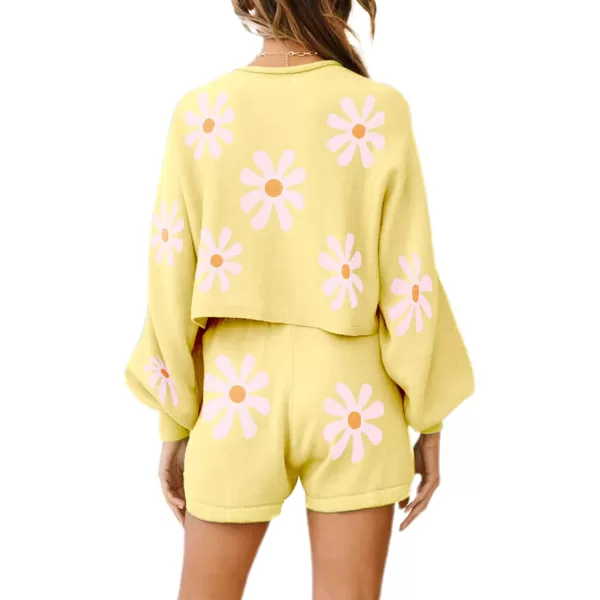 Ekouaer Knit Pajamas Set for Women Lounge Wear Sets Long Sleeve Sweatsuit Matching 2 Piece Outfits Casual Sweater Sets SXXLB Floral Yellow