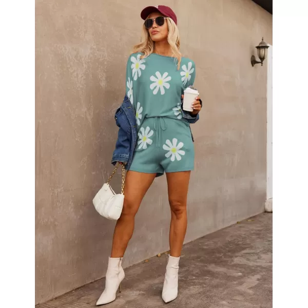 Ekouaer Knit Pajamas Set for Women Lounge Wear Sets Long Sleeve Sweatsuit Matching 2 Piece Outfits Casual Sweater Sets SXXLBfloral Peacock Blue