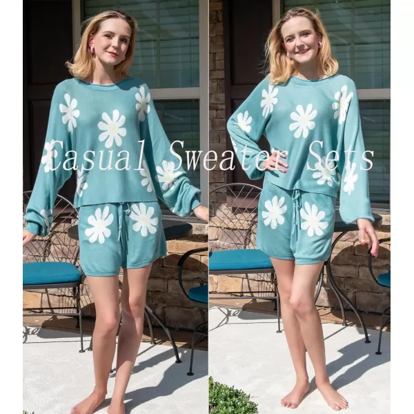 Ekouaer Knit Pajamas Set for Women Lounge Wear Sets Long Sleeve Sweatsuit Matching 2 Piece Outfits Casual Sweater Sets SXXLBfloral Peacock Blue