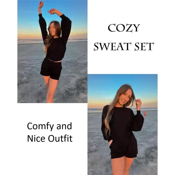 Ekouaer Knit Pajamas Set for Women Lounge Wear Sets Long Sleeve Sweatsuit Matching 2 Piece Outfits Casual Sweater Sets SXXLC Black