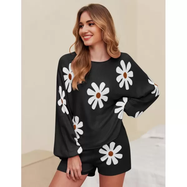 Ekouaer Knit Pajamas Set for Women Lounge Wear Sets Long Sleeve Sweatsuit Matching 2 Piece Outfits Casual Sweater Sets SXXLFloral Black