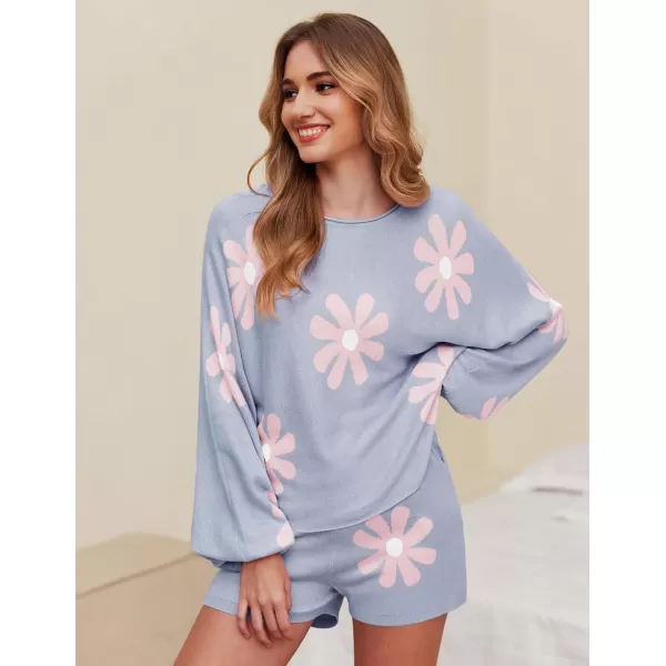 Ekouaer Knit Pajamas Set for Women Lounge Wear Sets Long Sleeve Sweatsuit Matching 2 Piece Outfits Casual Sweater Sets SXXLFloral Blue