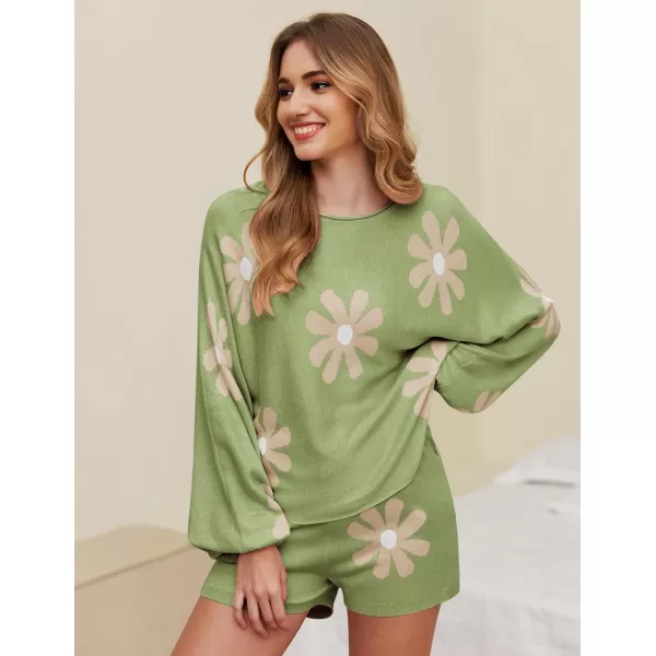 Ekouaer Knit Pajamas Set for Women Lounge Wear Sets Long Sleeve Sweatsuit Matching 2 Piece Outfits Casual Sweater Sets SXXLFloral Green