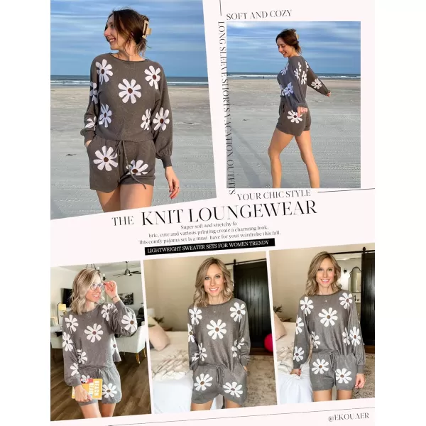 Ekouaer Knit Pajamas Set for Women Lounge Wear Sets Long Sleeve Sweatsuit Matching 2 Piece Outfits Casual Sweater Sets SXXLFloral Grey