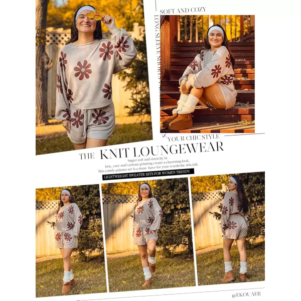 Ekouaer Knit Pajamas Set for Women Lounge Wear Sets Long Sleeve Sweatsuit Matching 2 Piece Outfits Casual Sweater Sets SXXLFloral Khaki