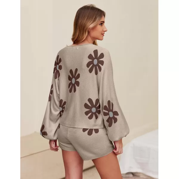 Ekouaer Knit Pajamas Set for Women Lounge Wear Sets Long Sleeve Sweatsuit Matching 2 Piece Outfits Casual Sweater Sets SXXLFloral Khaki