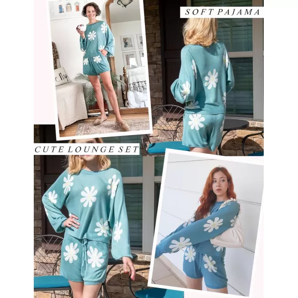 Ekouaer Knit Pajamas Set for Women Lounge Wear Sets Long Sleeve Sweatsuit Matching 2 Piece Outfits Casual Sweater Sets SXXLFloral Peacock Blue