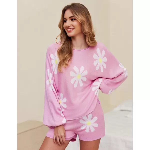 Ekouaer Knit Pajamas Set for Women Lounge Wear Sets Long Sleeve Sweatsuit Matching 2 Piece Outfits Casual Sweater Sets SXXLFloral Pink