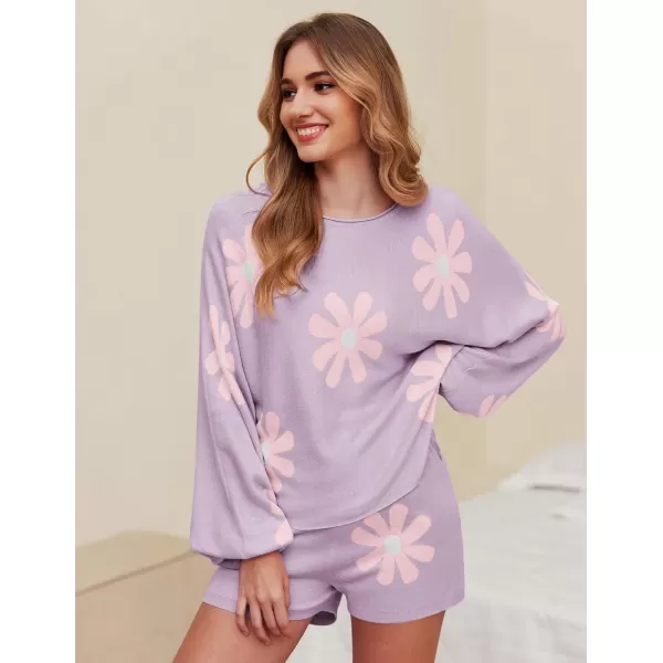 Ekouaer Knit Pajamas Set for Women Lounge Wear Sets Long Sleeve Sweatsuit Matching 2 Piece Outfits Casual Sweater Sets SXXLFloral Purple