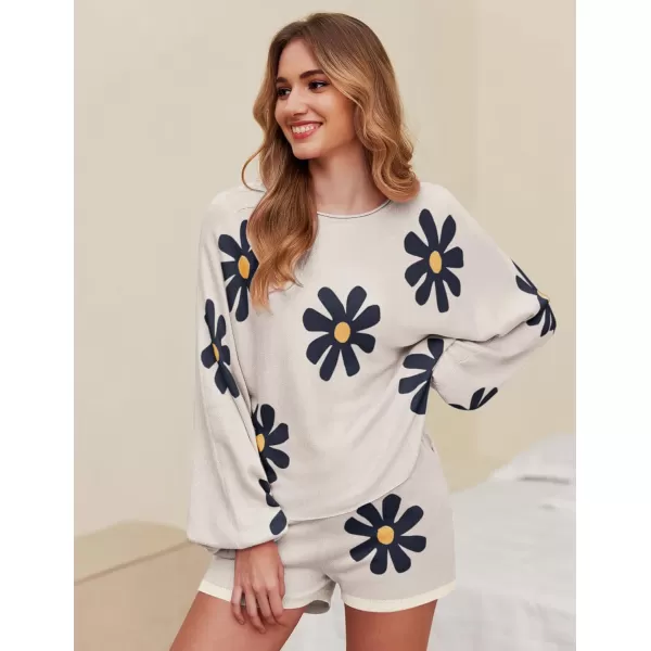 Ekouaer Knit Pajamas Set for Women Lounge Wear Sets Long Sleeve Sweatsuit Matching 2 Piece Outfits Casual Sweater Sets SXXLFloral White