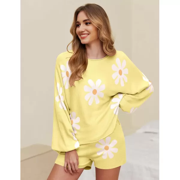 Ekouaer Knit Pajamas Set for Women Lounge Wear Sets Long Sleeve Sweatsuit Matching 2 Piece Outfits Casual Sweater Sets SXXLFloral Yellow