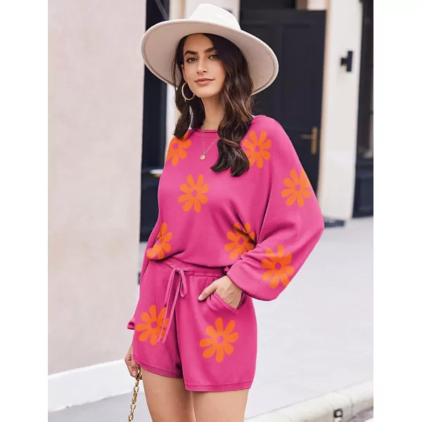 Ekouaer Knit Pajamas Set for Women Lounge Wear Sets Long Sleeve Sweatsuit Matching 2 Piece Outfits Casual Sweater Sets SXXLHot Pink Floral