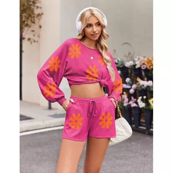 Ekouaer Knit Pajamas Set for Women Lounge Wear Sets Long Sleeve Sweatsuit Matching 2 Piece Outfits Casual Sweater Sets SXXLHot Pink Floral