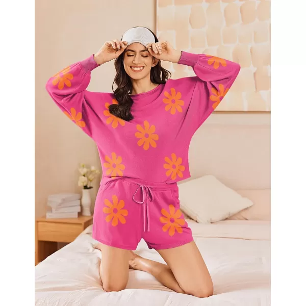 Ekouaer Knit Pajamas Set for Women Lounge Wear Sets Long Sleeve Sweatsuit Matching 2 Piece Outfits Casual Sweater Sets SXXLHot Pink Floral