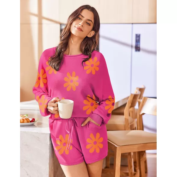 Ekouaer Knit Pajamas Set for Women Lounge Wear Sets Long Sleeve Sweatsuit Matching 2 Piece Outfits Casual Sweater Sets SXXLHot Pink Floral