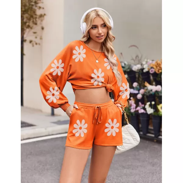 Ekouaer Knit Pajamas Set for Women Lounge Wear Sets Long Sleeve Sweatsuit Matching 2 Piece Outfits Casual Sweater Sets SXXLOrange Floral