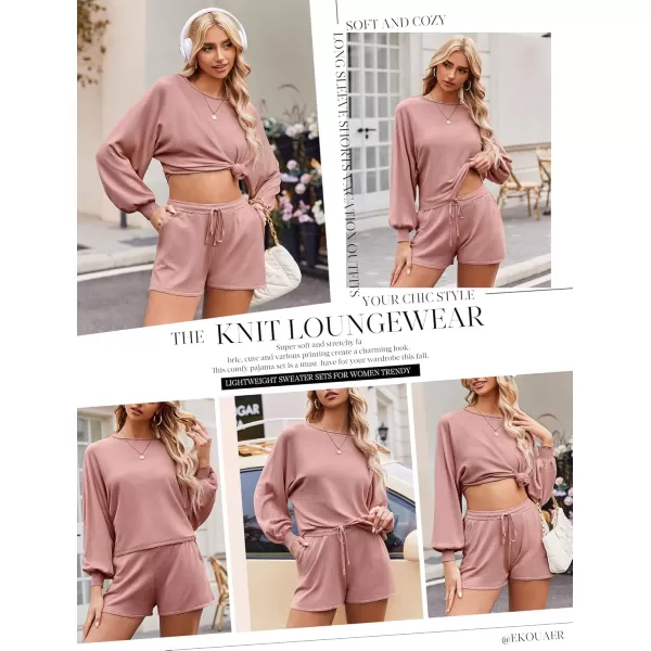 Ekouaer Knit Pajamas Set for Women Lounge Wear Sets Long Sleeve Sweatsuit Matching 2 Piece Outfits Casual Sweater Sets SXXLPink