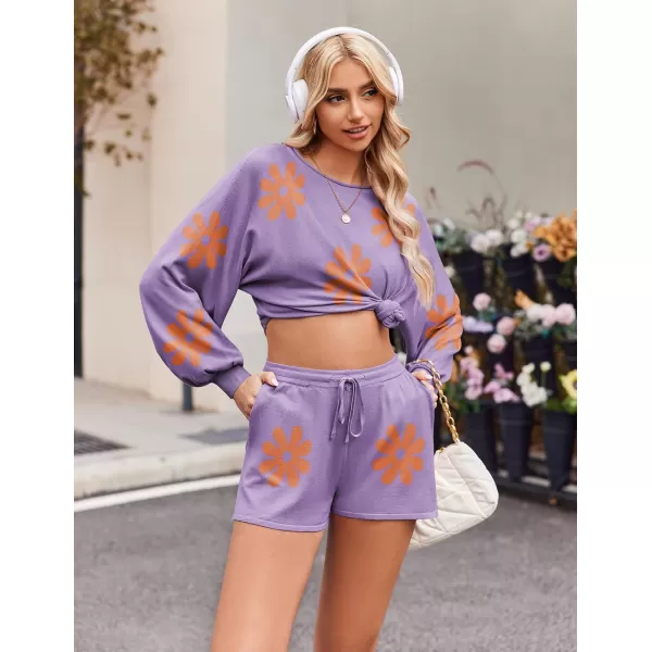 Ekouaer Knit Pajamas Set for Women Lounge Wear Sets Long Sleeve Sweatsuit Matching 2 Piece Outfits Casual Sweater Sets SXXLPurple Floral