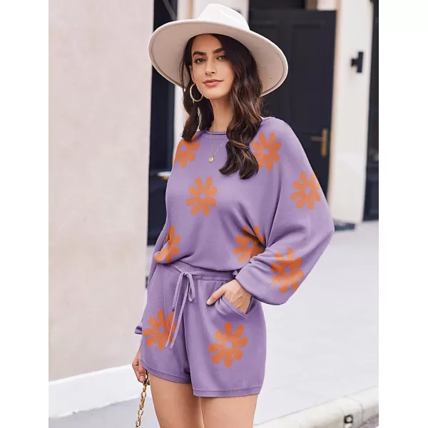 Ekouaer Knit Pajamas Set for Women Lounge Wear Sets Long Sleeve Sweatsuit Matching 2 Piece Outfits Casual Sweater Sets SXXLPurple Floral