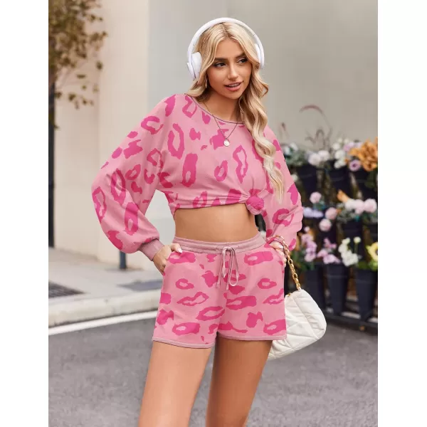 Ekouaer Knit Pajamas Set for Women Lounge Wear Sets Long Sleeve Sweatsuit Matching 2 Piece Outfits Casual Sweater Sets SXXLRose Pink Leopard