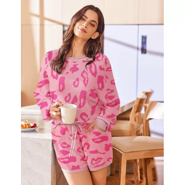 Ekouaer Knit Pajamas Set for Women Lounge Wear Sets Long Sleeve Sweatsuit Matching 2 Piece Outfits Casual Sweater Sets SXXLRose Pink Leopard