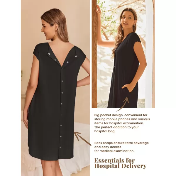 Ekouaer LaborDeliveryHospital Gown Nursing Nightgown Maternity Sleepwear With Pockets Postpartum Gowns with Button SXXLBlack