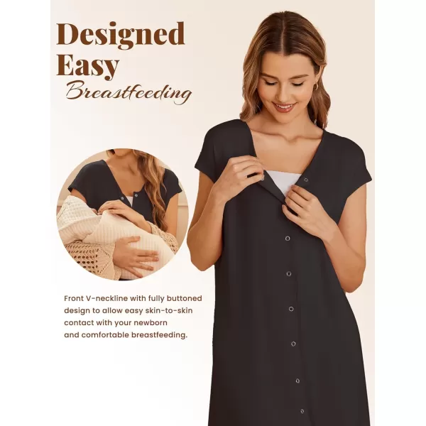 Ekouaer LaborDeliveryHospital Gown Nursing Nightgown Maternity Sleepwear With Pockets Postpartum Gowns with Button SXXLBlack