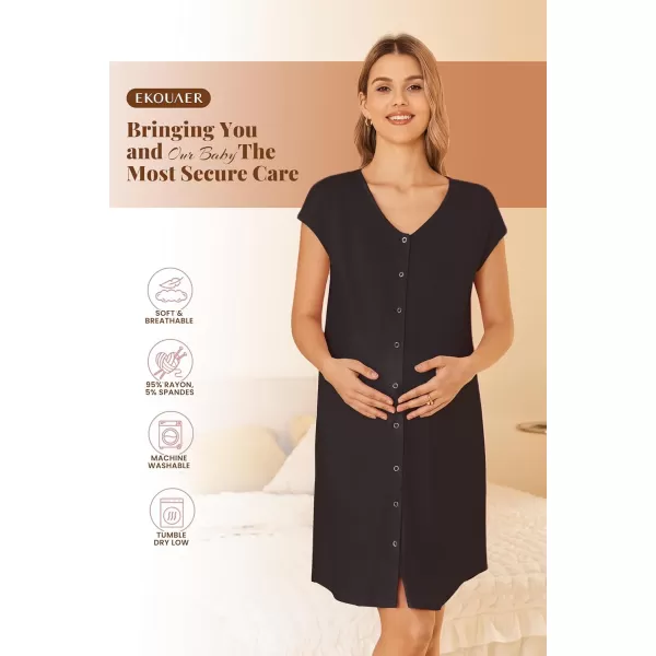 Ekouaer LaborDeliveryHospital Gown Nursing Nightgown Maternity Sleepwear With Pockets Postpartum Gowns with Button SXXLBlack