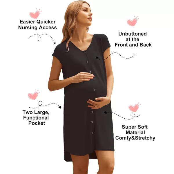 Ekouaer LaborDeliveryHospital Gown Nursing Nightgown Maternity Sleepwear With Pockets Postpartum Gowns with Button SXXLBlack