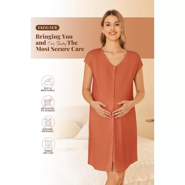 Ekouaer LaborDeliveryHospital Gown Nursing Nightgown Maternity Sleepwear With Pockets Postpartum Gowns with Button SXXLBrick Red