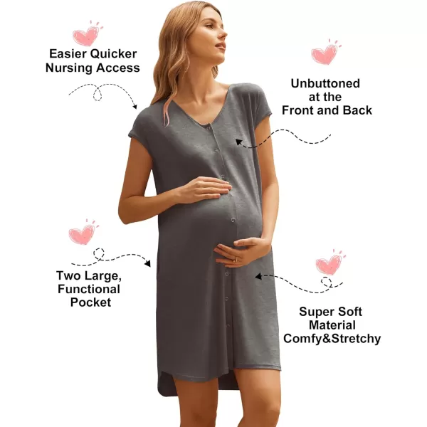 Ekouaer LaborDeliveryHospital Gown Nursing Nightgown Maternity Sleepwear With Pockets Postpartum Gowns with Button SXXLDark Grey