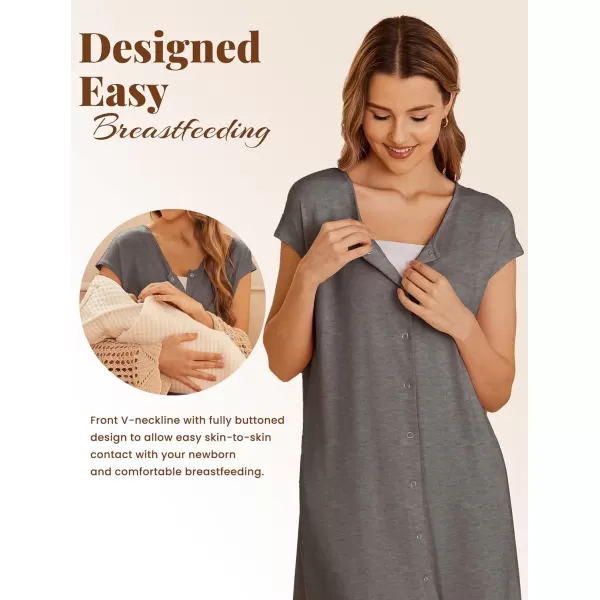 Ekouaer LaborDeliveryHospital Gown Nursing Nightgown Maternity Sleepwear With Pockets Postpartum Gowns with Button SXXLDark Grey