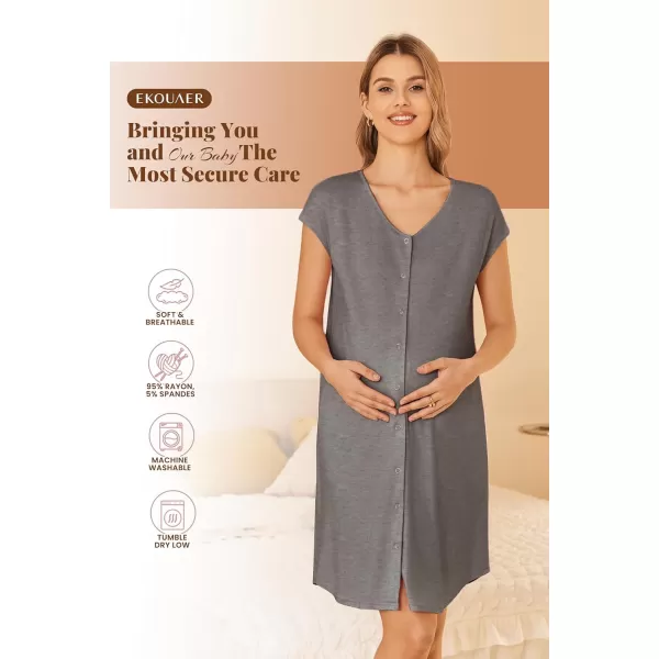 Ekouaer LaborDeliveryHospital Gown Nursing Nightgown Maternity Sleepwear With Pockets Postpartum Gowns with Button SXXLDark Grey