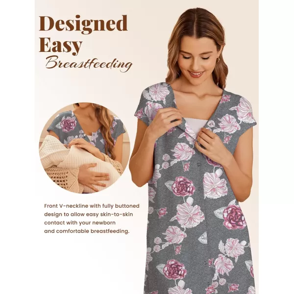 Ekouaer LaborDeliveryHospital Gown Nursing Nightgown Maternity Sleepwear With Pockets Postpartum Gowns with Button SXXLGray Flower