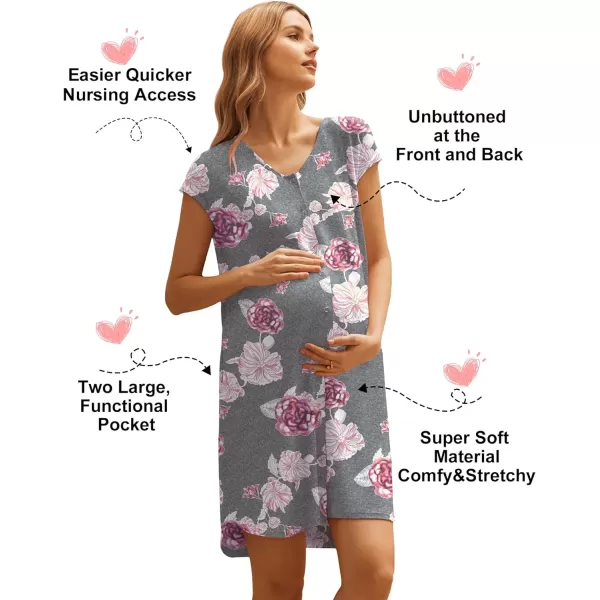 Ekouaer LaborDeliveryHospital Gown Nursing Nightgown Maternity Sleepwear With Pockets Postpartum Gowns with Button SXXLGray Flower