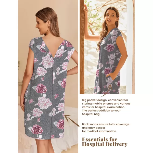 Ekouaer LaborDeliveryHospital Gown Nursing Nightgown Maternity Sleepwear With Pockets Postpartum Gowns with Button SXXLGray Flower