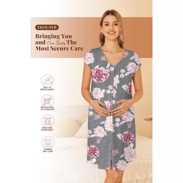 Ekouaer LaborDeliveryHospital Gown Nursing Nightgown Maternity Sleepwear With Pockets Postpartum Gowns with Button SXXLGray Flower
