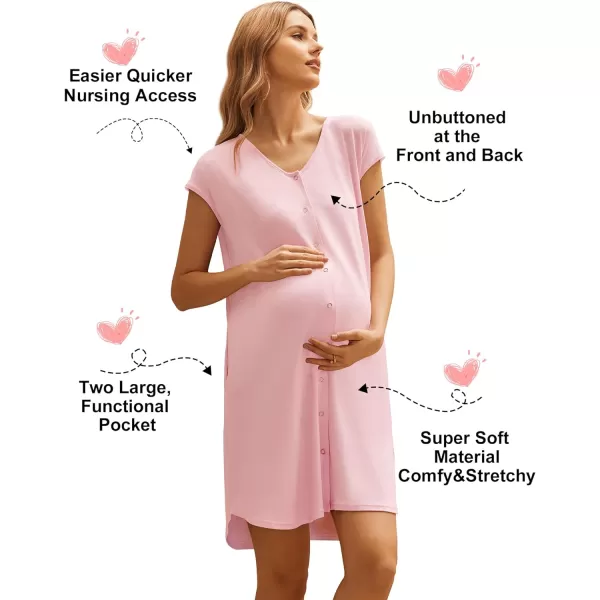 Ekouaer LaborDeliveryHospital Gown Nursing Nightgown Maternity Sleepwear With Pockets Postpartum Gowns with Button SXXLPink