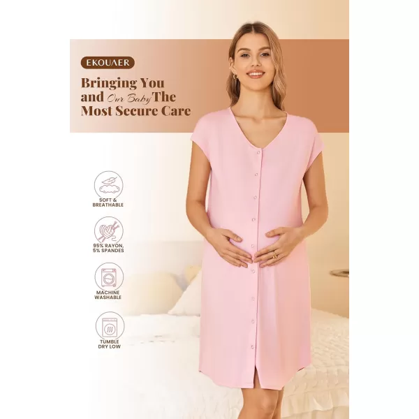 Ekouaer LaborDeliveryHospital Gown Nursing Nightgown Maternity Sleepwear With Pockets Postpartum Gowns with Button SXXLPink