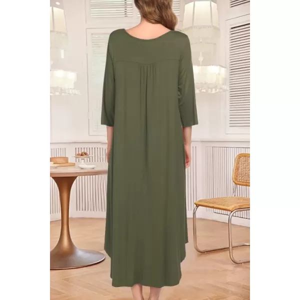 Ekouaer Long Nightgown for Women 34 Sleeves Nightshirt Maxi Sleep Dress Plus Size Loungewear Full Length SleepwearArmy Green