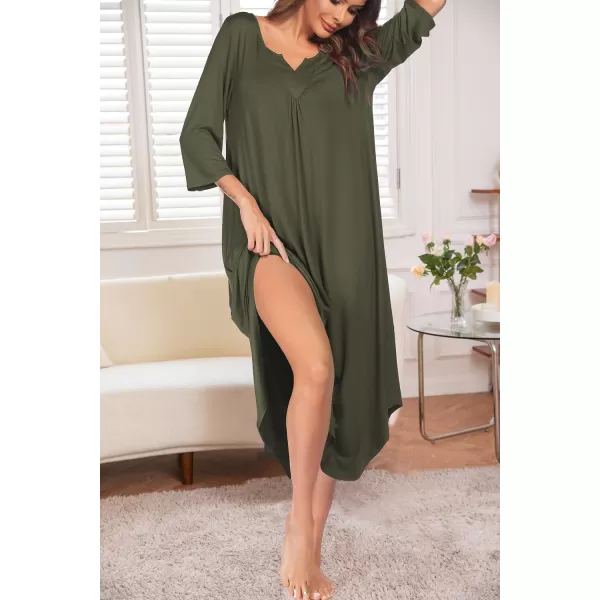 Ekouaer Long Nightgown for Women 34 Sleeves Nightshirt Maxi Sleep Dress Plus Size Loungewear Full Length SleepwearArmy Green