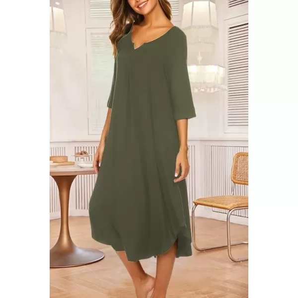 Ekouaer Long Nightgown for Women 34 Sleeves Nightshirt Maxi Sleep Dress Plus Size Loungewear Full Length SleepwearArmy Green