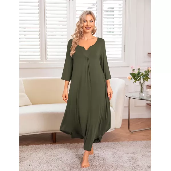 Ekouaer Long Nightgown for Women 34 Sleeves Nightshirt Maxi Sleep Dress Plus Size Loungewear Full Length SleepwearArmy Green