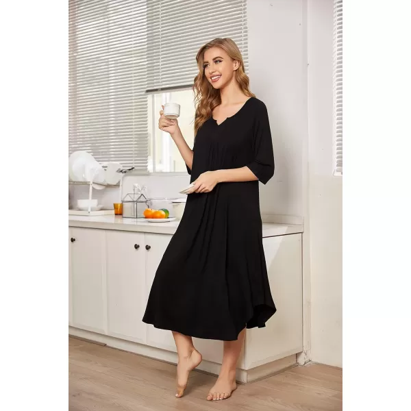 Ekouaer Long Nightgown for Women 34 Sleeves Nightshirt Maxi Sleep Dress Plus Size Loungewear Full Length SleepwearBlack