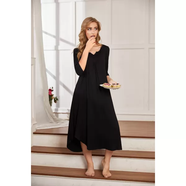 Ekouaer Long Nightgown for Women 34 Sleeves Nightshirt Maxi Sleep Dress Plus Size Loungewear Full Length SleepwearBlack